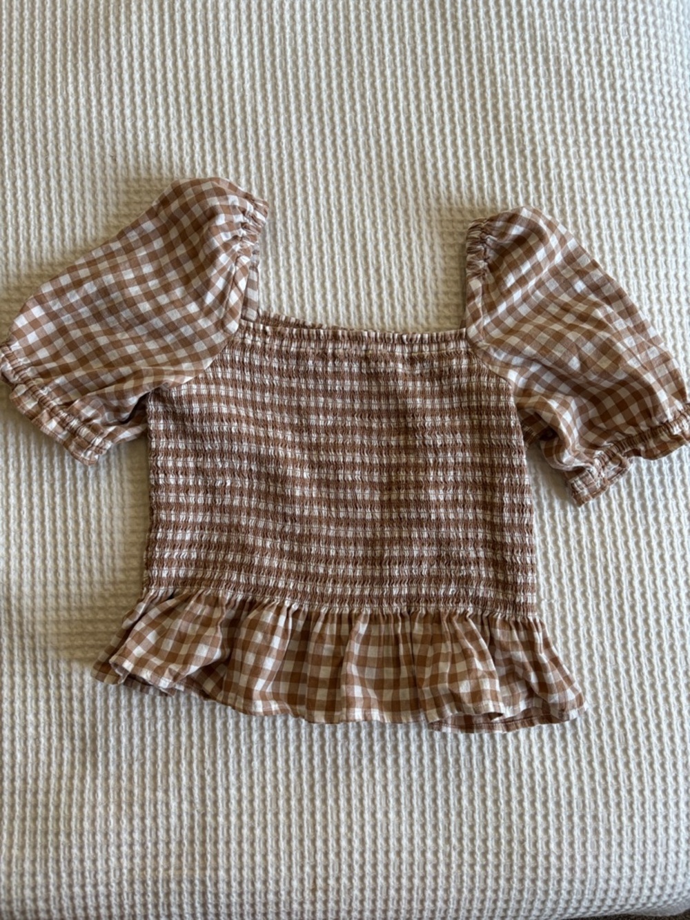 J. Crew Brown Gingham Smocked Peplum Crop Top
